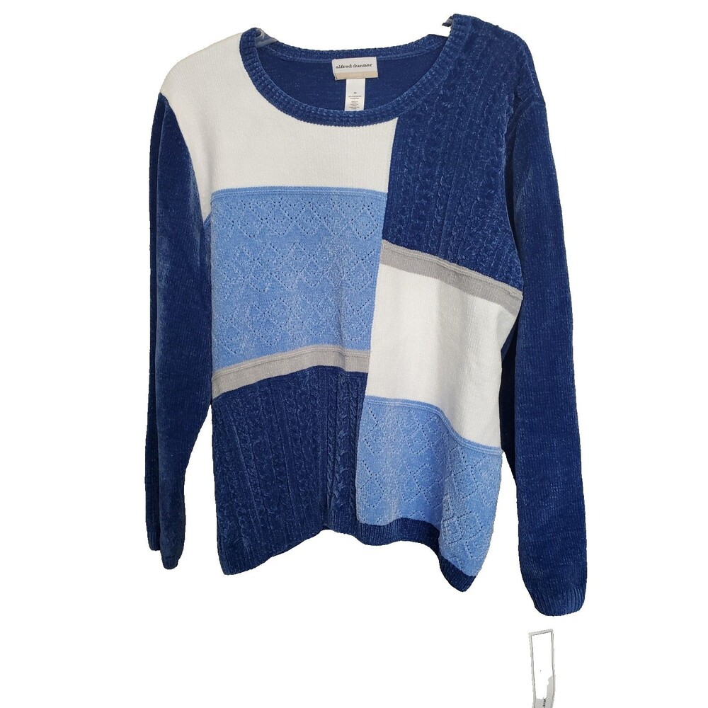 Alfred Dunner Woman Blue Chenille Patchwork Long Sleeve Sweater Size 3X NWT